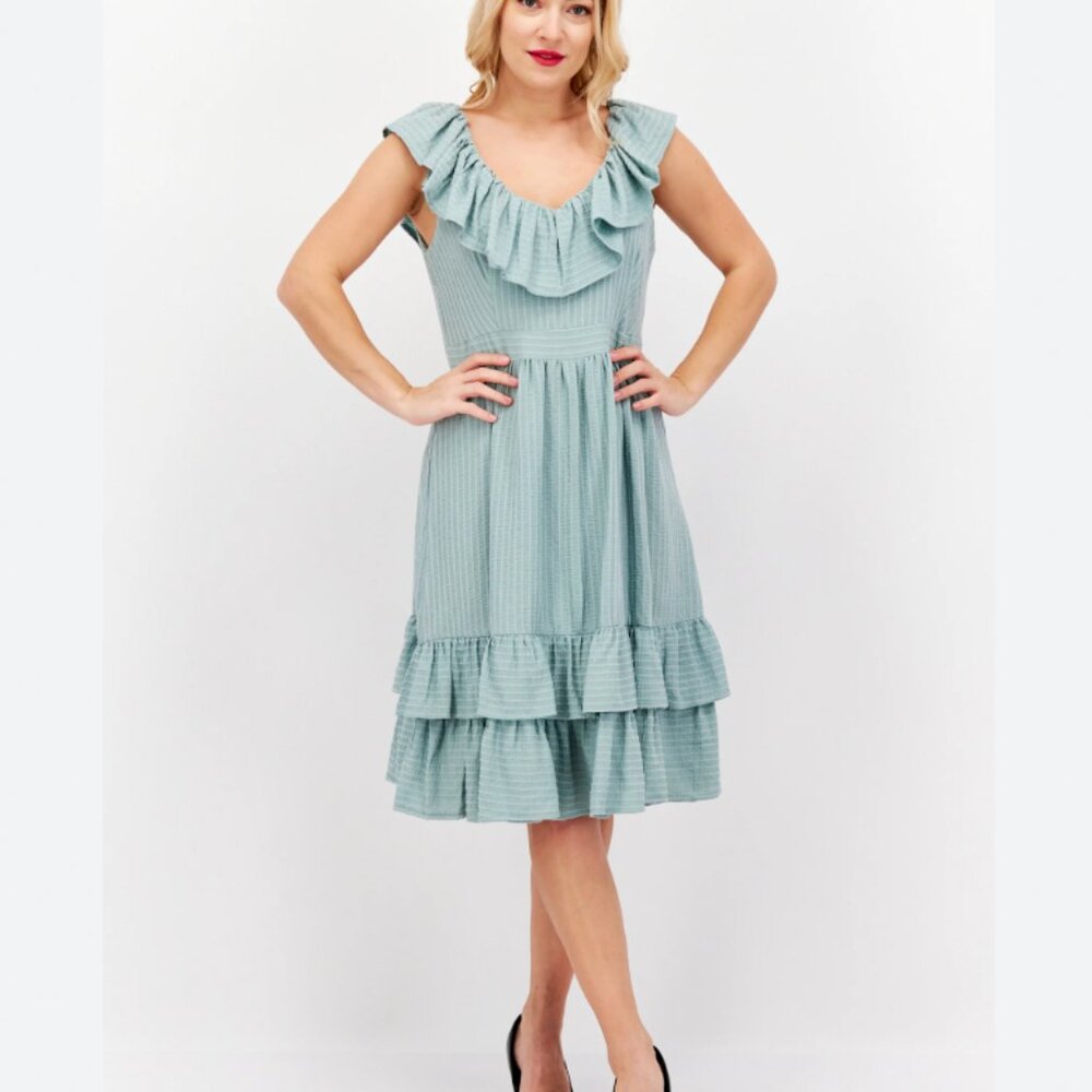 Calvin Klein Pistachio Green Textured Ruffle Fit & Flare Sundress V-Neck Size 14